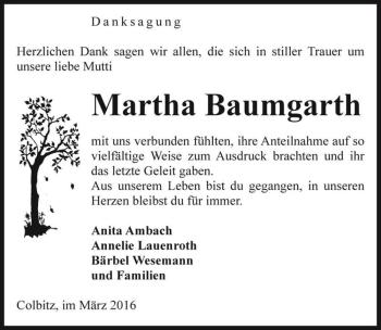 Traueranzeige von Martha Baumgarth  von Magdeburger Volksstimme