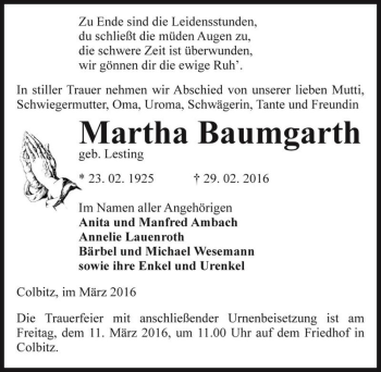 Traueranzeige von Martha Baumgarth (geb. Lesting)  von Magdeburger Volksstimme