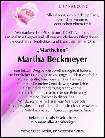 Traueranzeige von Martha Beckmeyer  von Magdeburger Volksstimme