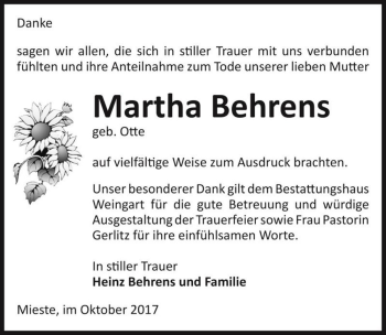 Traueranzeige von Martha Behrens (geb. Otte)  von Magdeburger Volksstimme