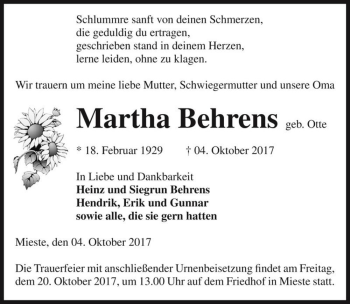 Traueranzeige von Martha Behrens (geb. Otte)  von Magdeburger Volksstimme