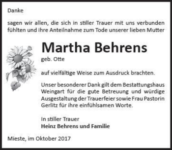 Traueranzeige von Martha Behrens (geb. Otte)  von Magdeburger Volksstimme