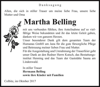 Traueranzeige von Martha Belling  von Magdeburger Volksstimme