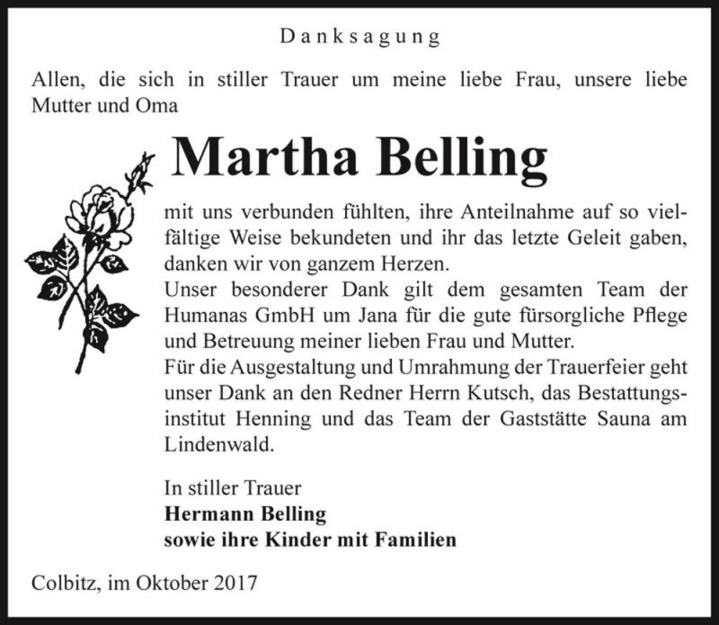  Traueranzeige für Martha Belling  vom 21.10.2017 aus Magdeburger Volksstimme