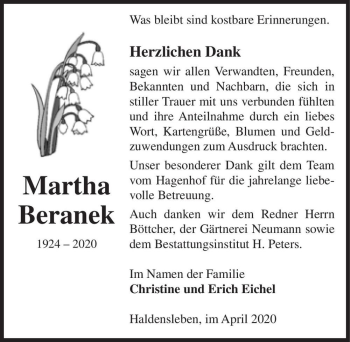 Traueranzeige von Martha Beranek  von Magdeburger Volksstimme