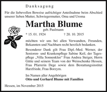 Traueranzeige von Martha Blume (geb. Paulmann)  von Magdeburger Volksstimme