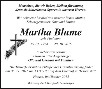 Traueranzeige von Martha Blume (geb. Paulmann)  von Magdeburger Volksstimme