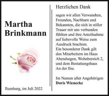 Traueranzeige von Martha Brinkmann  von Magdeburger Volksstimme