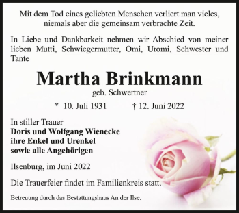 Traueranzeige von Martha Brinkmann (geb. Schwertner)  von Magdeburger Volksstimme