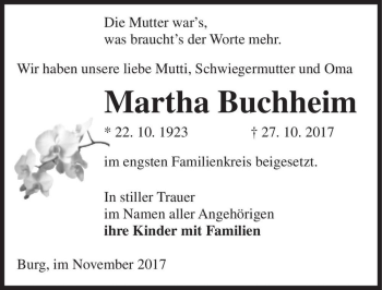 Traueranzeige von Martha Buchheim  von Magdeburger Volksstimme