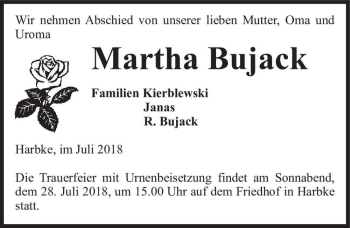 Traueranzeige von Martha Bujack  von Magdeburger Volksstimme