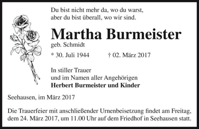  Traueranzeige für Martha Burmeister (geb. Schmidt)  vom 04.03.2017 aus Magdeburger Volksstimme
