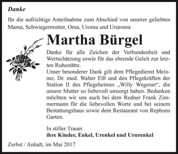 Traueranzeige von Martha Bürgel  von Magdeburger Volksstimme