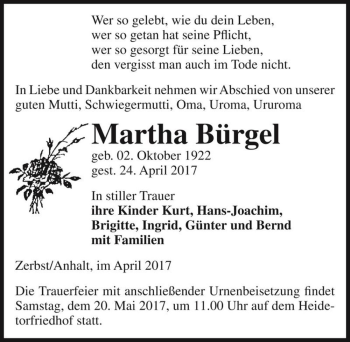 Traueranzeige von Martha Bürgel  von Magdeburger Volksstimme