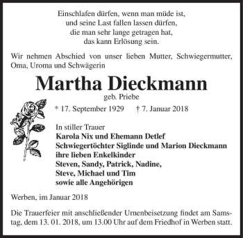 Traueranzeige von Martha Dieckmann (geb. Priebe)  von Magdeburger Volksstimme