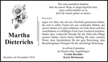Traueranzeige von Martha Dieterichs  von Magdeburger Volksstimme