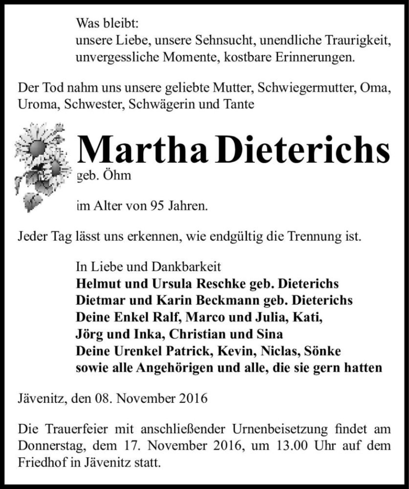  Traueranzeige für Martha Dieterichs (geb. Öhm)  vom 11.11.2016 aus Magdeburger Volksstimme