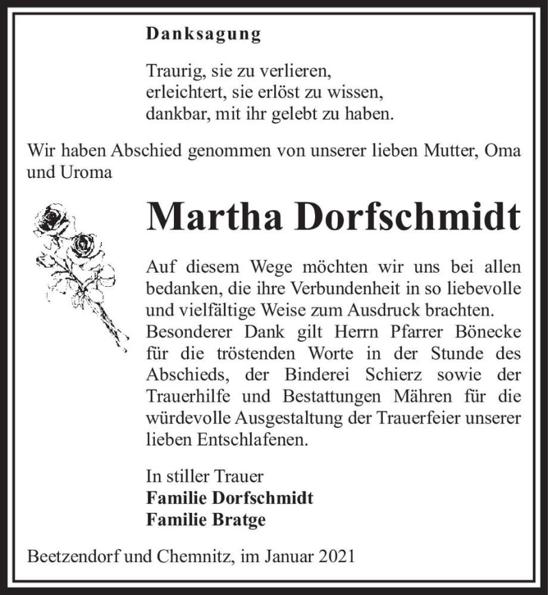  Traueranzeige für Martha Dorfschmidt  vom 22.01.2021 aus Magdeburger Volksstimme