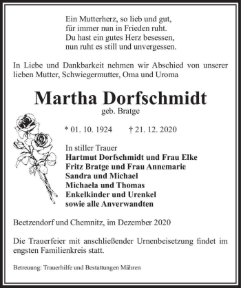 Traueranzeige von Martha Dorfschmidt (geb. Bratge)  von Magdeburger Volksstimme