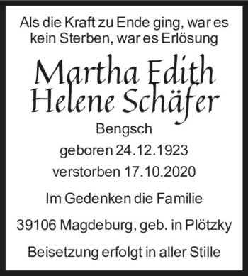 Traueranzeige von Martha Edith Helene Schäfer  von Magdeburger Volksstimme