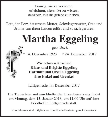 Traueranzeige von Martha Eggeling (geb. Bock)  von Magdeburger Volksstimme