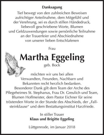 Traueranzeige von Martha Eggeling (geb. Bock)  von Magdeburger Volksstimme