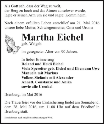 Traueranzeige von Martha Eichel (geb. Weigelt)  von Magdeburger Volksstimme
