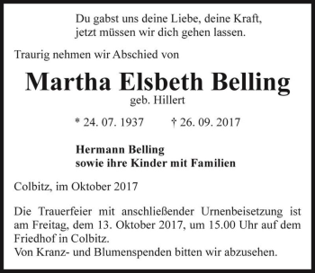 Traueranzeige von Martha Elsbeth Belling (geb. Hillert)  von Magdeburger Volksstimme