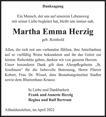 Traueranzeige von Martha Emma Herzig (geb. Reinhold)  von Magdeburger Volksstimme
