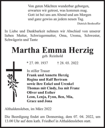 Traueranzeige von Martha Emma Herzig (geb. Reinhold)  von Magdeburger Volksstimme