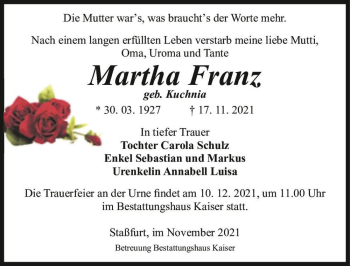 Traueranzeige von Martha Franz (geb. Kuchnia)  von Magdeburger Volksstimme