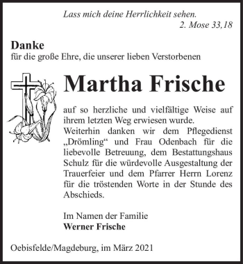 Traueranzeige von Martha Frische  von Magdeburger Volksstimme