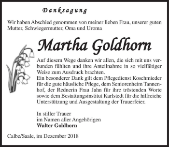 Traueranzeige von Martha Goldhorn  von Magdeburger Volksstimme