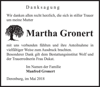 Traueranzeige von Martha Gronert  von Magdeburger Volksstimme