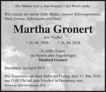 Traueranzeige von Martha Gronert (geb. Fiedler)  von Magdeburger Volksstimme