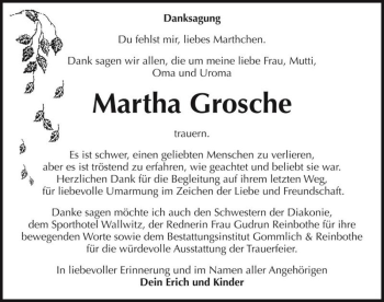 Traueranzeige von Martha Grosche  von Magdeburger Volksstimme
