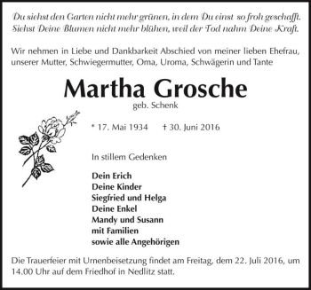 Traueranzeige von Martha Grosche (geb. Schenk)  von Magdeburger Volksstimme
