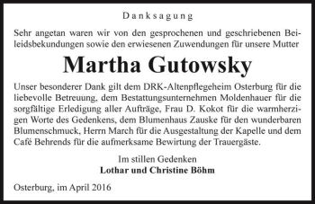 Traueranzeige von Martha Gutowsky  von Magdeburger Volksstimme