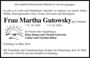 Traueranzeige von Martha Gutowsky (geb. Schuster)  von Magdeburger Volksstimme