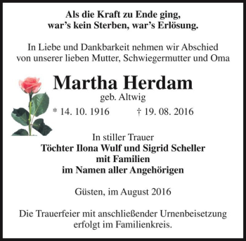 Traueranzeige von Martha Herdam (geb. Altwig)  von Magdeburger Volksstimme