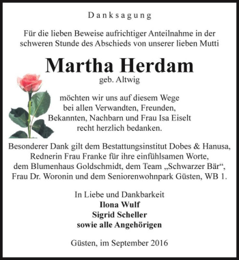 Traueranzeige von Martha Herdam (geb. Altwig)  von Magdeburger Volksstimme