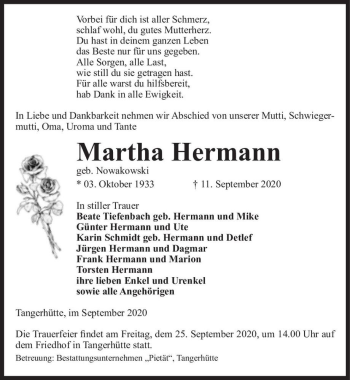 Traueranzeige von Martha Hermann (geb. Nowakowski)  von Magdeburger Volksstimme