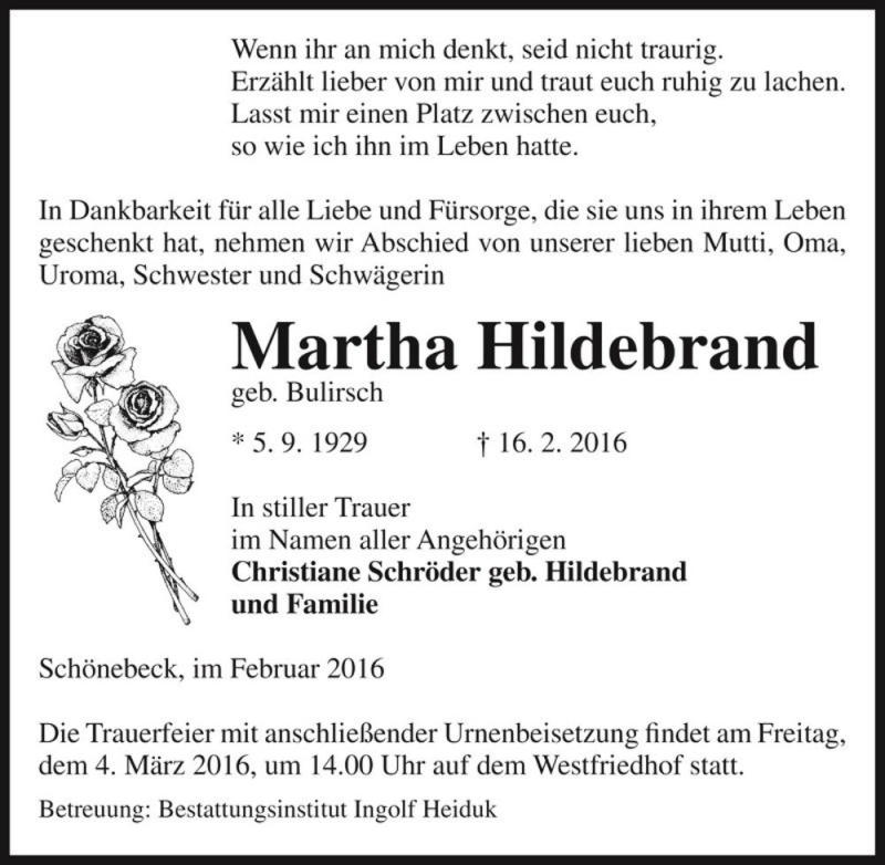  Traueranzeige für Martha Hildebrand (geb. Bulirsch)  vom 20.02.2016 aus Magdeburger Volksstimme