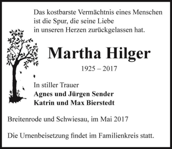Traueranzeige von Martha Hilger  von Magdeburger Volksstimme