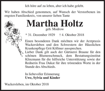 Traueranzeige von Martha Holtz (geb. Modrow)  von Magdeburger Volksstimme