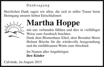 Traueranzeige von Martha Hoppe  von Magdeburger Volksstimme