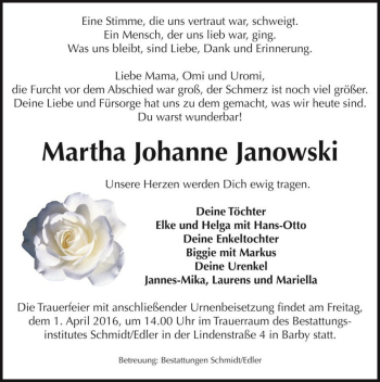 Traueranzeige von Martha Johanne Janowski  von Magdeburger Volksstimme