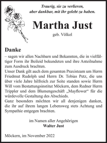 Traueranzeige von Martha Just (geb. Völkel)  von Magdeburger Volksstimme