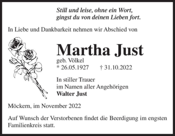 Traueranzeige von Martha Just (geb. Völkel)  von Magdeburger Volksstimme