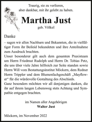 Traueranzeige von Martha Just (geb. Völkel)  von Magdeburger Volksstimme